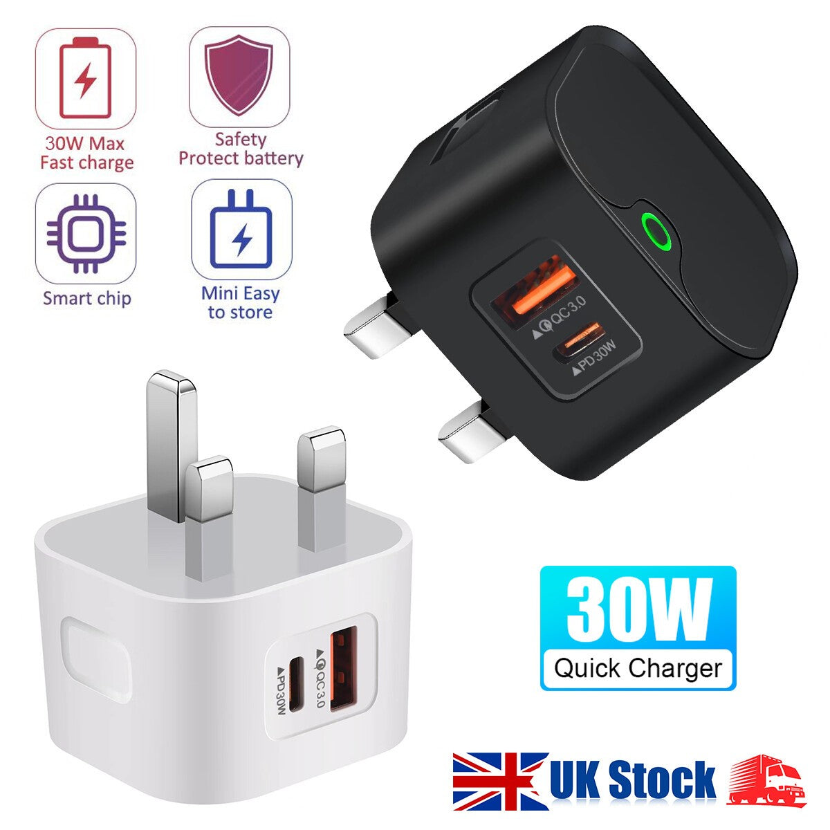 30W Dual PD Type USB-C Fast Charger for iPhone 13 12 11 14 Pro Max Plus UK Plug