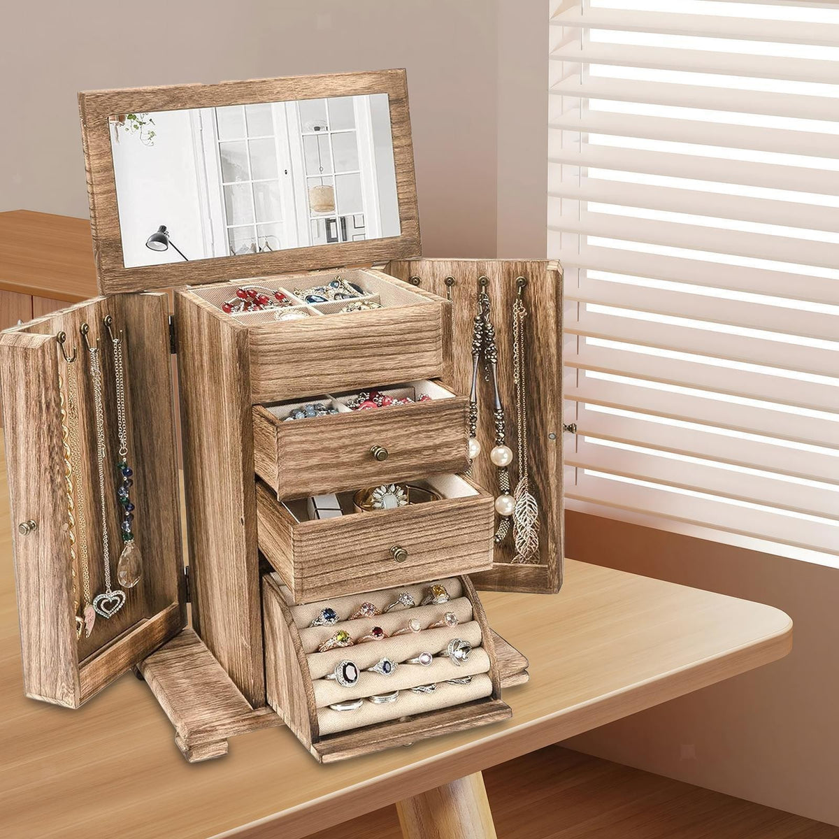 Charming Wooden Jewelry Box with Pull-Out Drawer & Mirror - Perfect Gift for Her