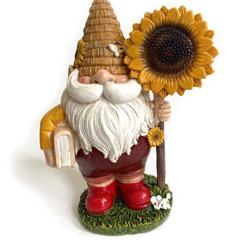 Gnome Garden Statue Dwarf Sunflower Bee Outdoor Yard Home Ornament Gift 15cm