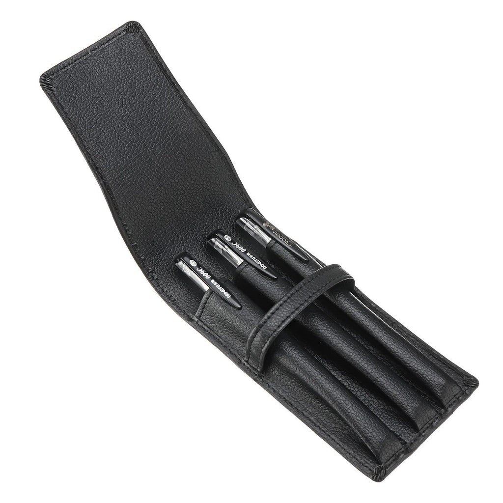 For 3 Pens Black Leather Pouch Roller Pen Case Stationery Holder Bag Storage