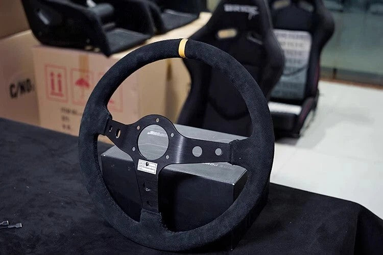 For 350mm 14' OMP Genuine Suede Leather Black Deep Cone Racing Sport Steering