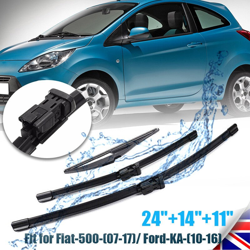 3PCS 24" 14" 11" Front & Rear Windscreen Wiper Blades Set For Fiat 500 Ford KA