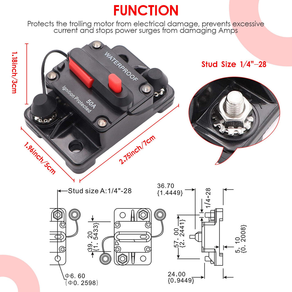 Car Auto Boat Truck RV Marine Circuit Breaker with Manual  12 Volt 50 Amp