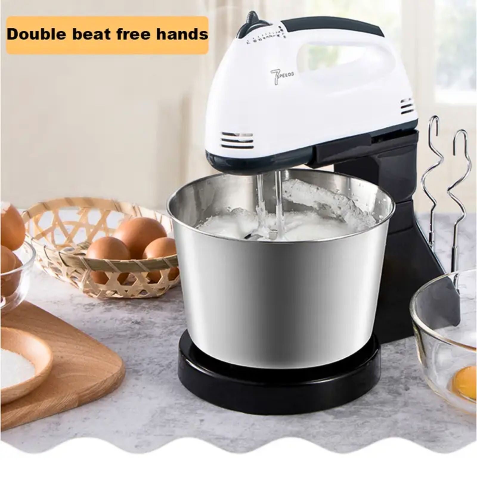 7 Speed Electric Hand Mixer  Handheld Whisk Beaters & Dough Baking Hooks