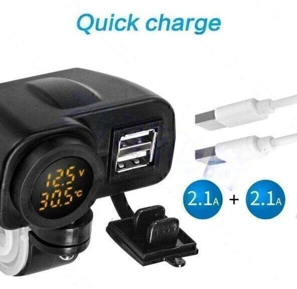 Yellow LED 12V Motorcycle USB Charger 2.1A+2.1A w/ Digital Voltmeter Thermometer