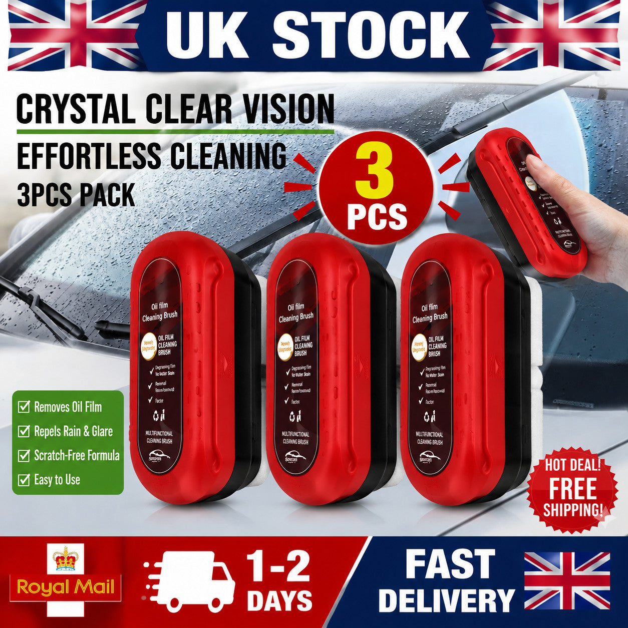 3xCar Glass Cleaning Brush Oil Film Remover Windshield Cleaner Wipe Tool Window