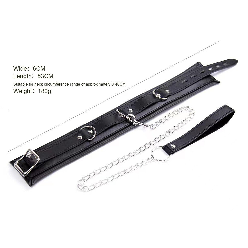 PU Leather Padded Neck Collar Chocker With Leash Chain Slave Game Bondage BDSM