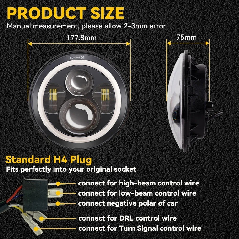 Universal Motorcycle Headlight 7" inch Motorbike Hi/Lo LED Front Light Headlamp