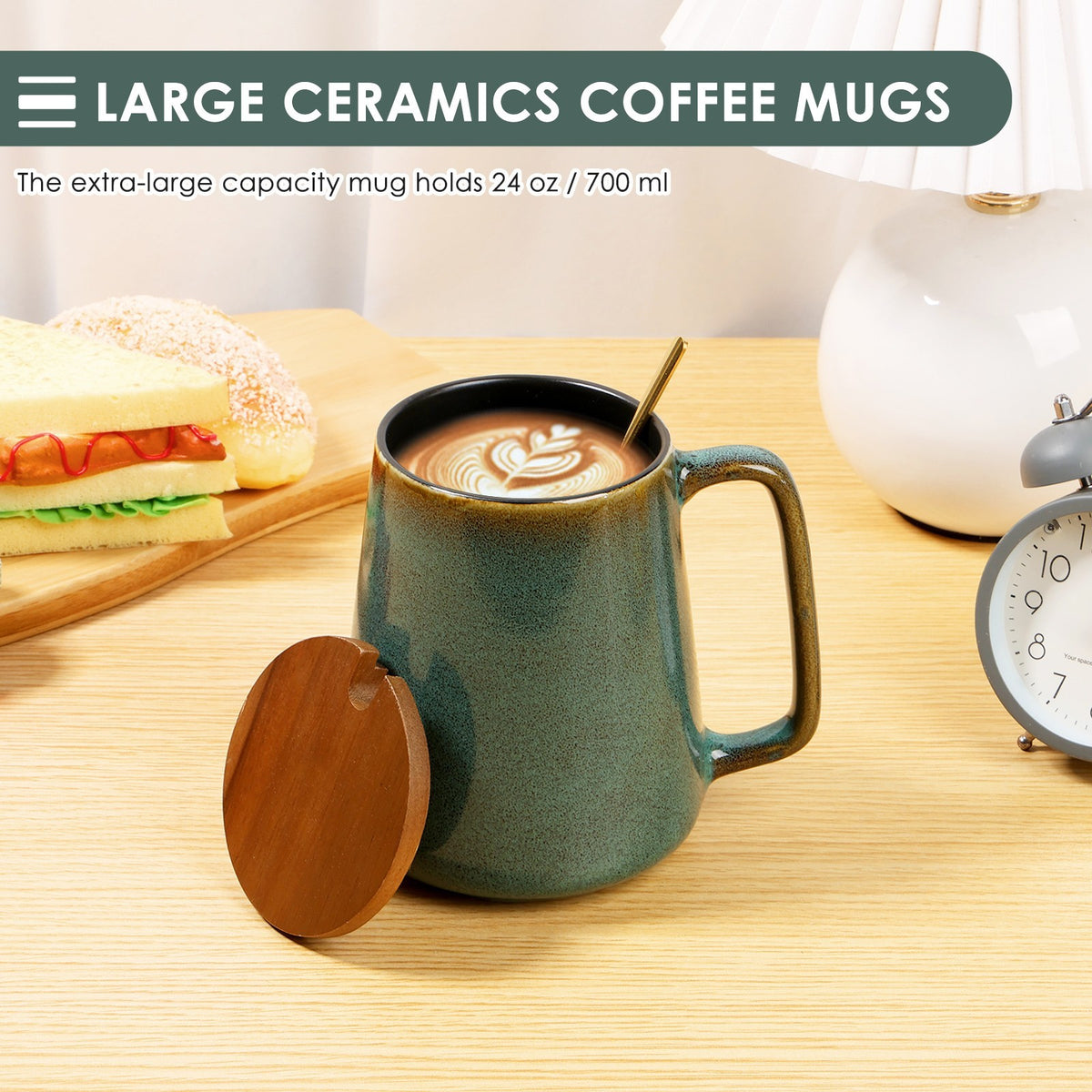 Large Ceramic Coffee Mug 24 OZ Coffee Cup with Spoon and Wood Lid