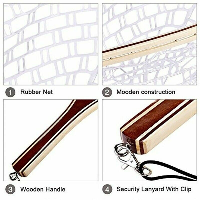 Wooden Handmade, Coarse fishing Rubber Fly Fishing trout/salmon Landing Net