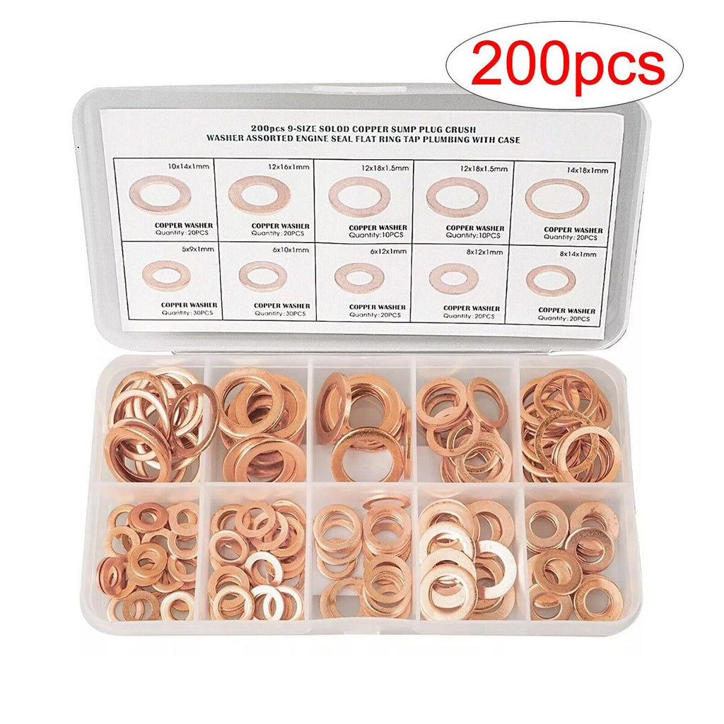 Car Engine Crush Washers Assorted Solid Copper 200PCS Set Box Seal Flat Ring