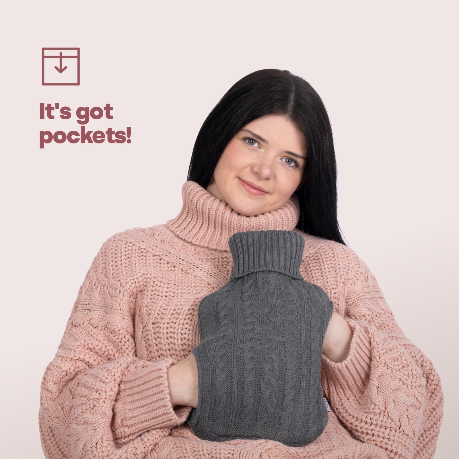LIVIVO 2L Grey Knitted Hot Water Bottle with Insulating Cover and Pockets