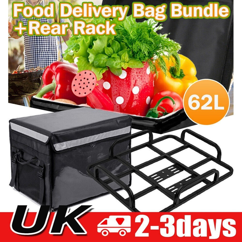 62L Food Delivery Bag + Rear Rack For Motorcycle Bike Food Delivery Drivers Kit.