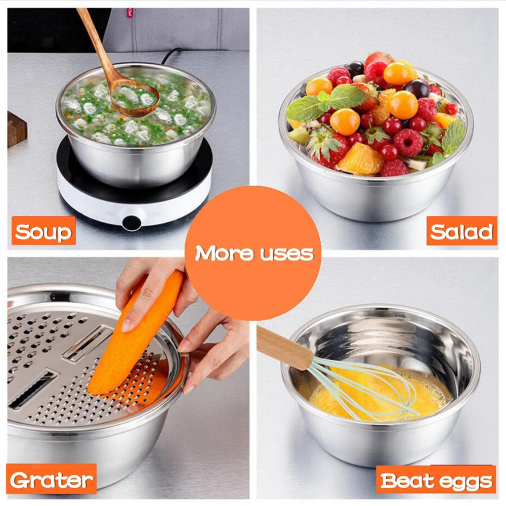 3 in 1 Stainless Steel Basin Strainer Julienne Grater Bowl and Strainer