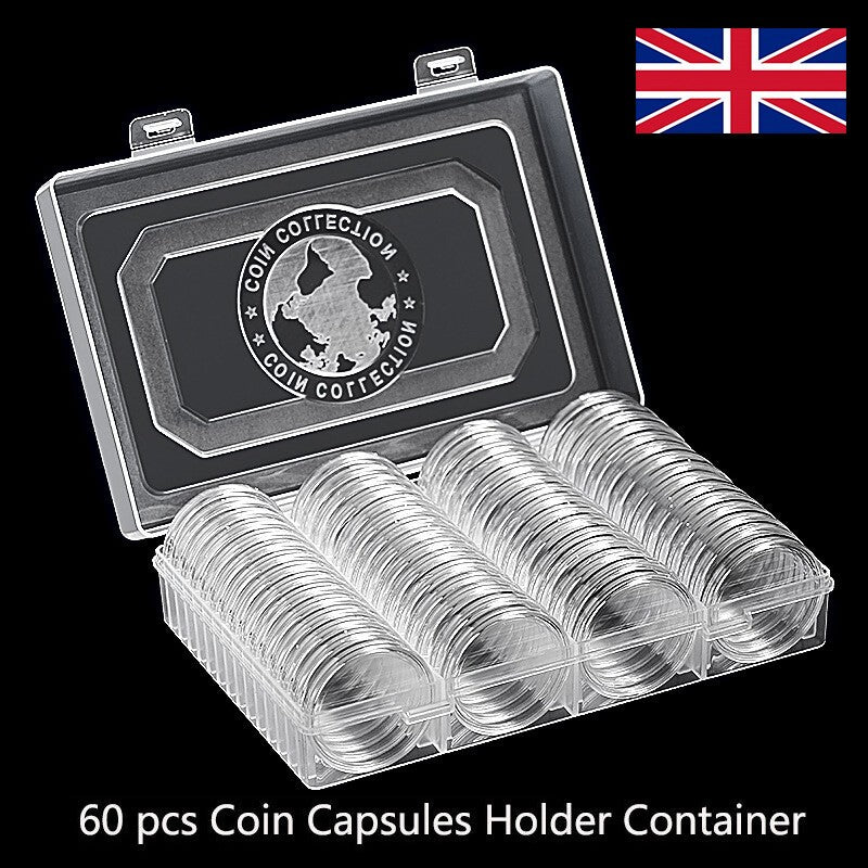 60Pcs 40mm Clear Coin Capsules Holder Storage Box Coin Collection Container Kit