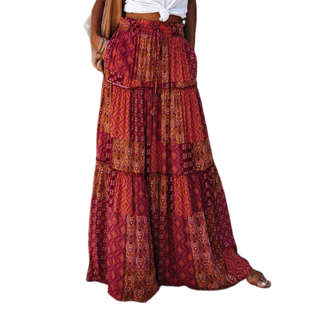 Women Bohemian High Waist Long Skirt Ladies Holiday Swing Baggy Boho Maxi Skirts