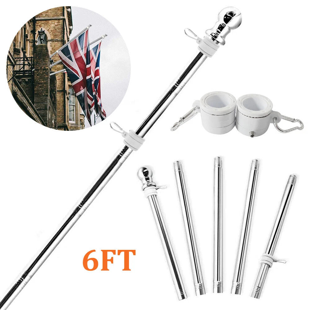 6ft Flag Pole Stainless Wall Mountable Tangle Free Rings Heavy Duty Rustproof UK