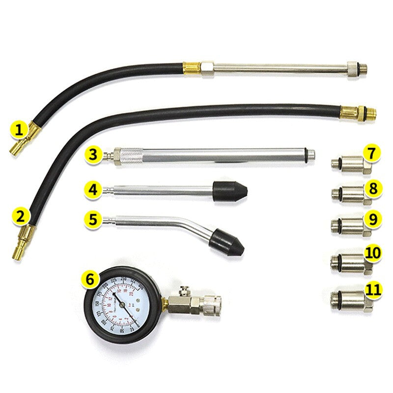 11PCS Petrol Engine Compression Tester Kit Fuel Cylinder-Pressure Gauge Tool Set