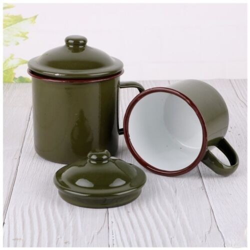 Armygreen Enamel Mug Vintage Travel Camping Tea Cup with Lid Drinkware