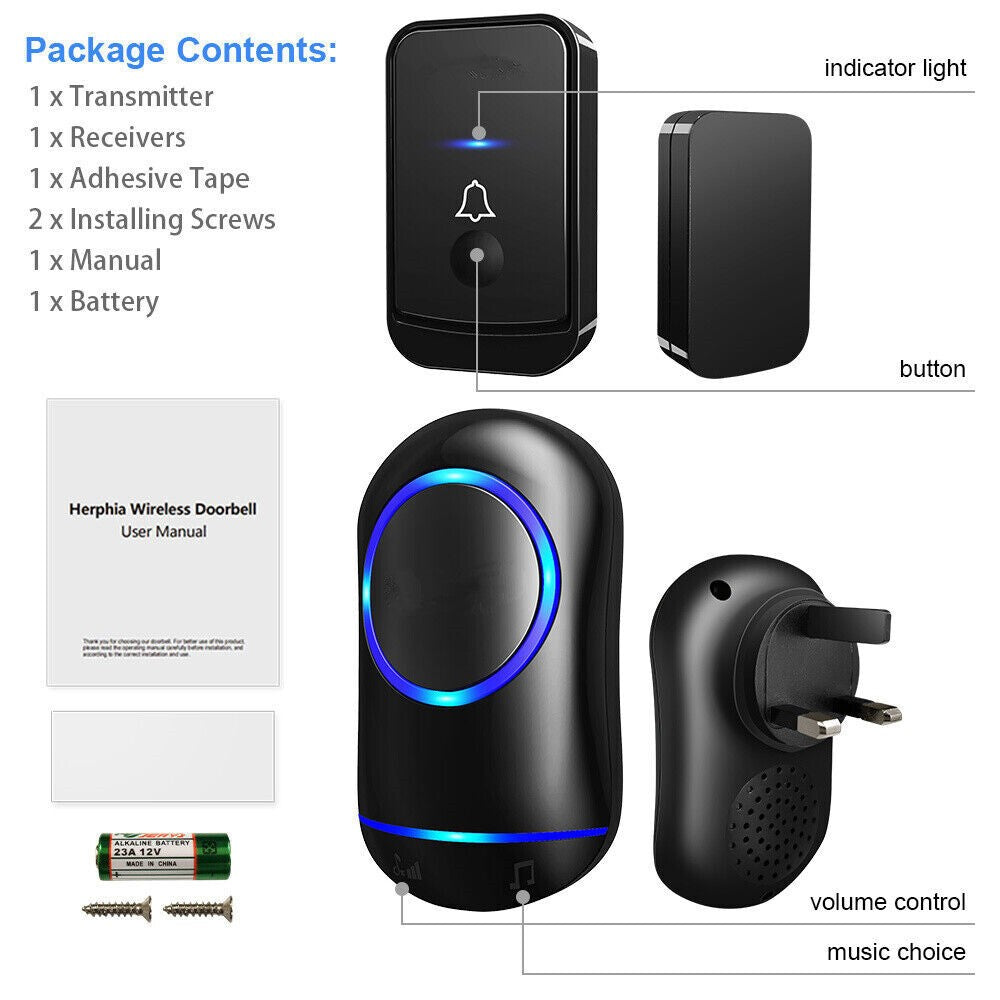 Wireless Door Bell Doorbell LED Flash Waterproof 500M Wall Plug In Loud Chime UK