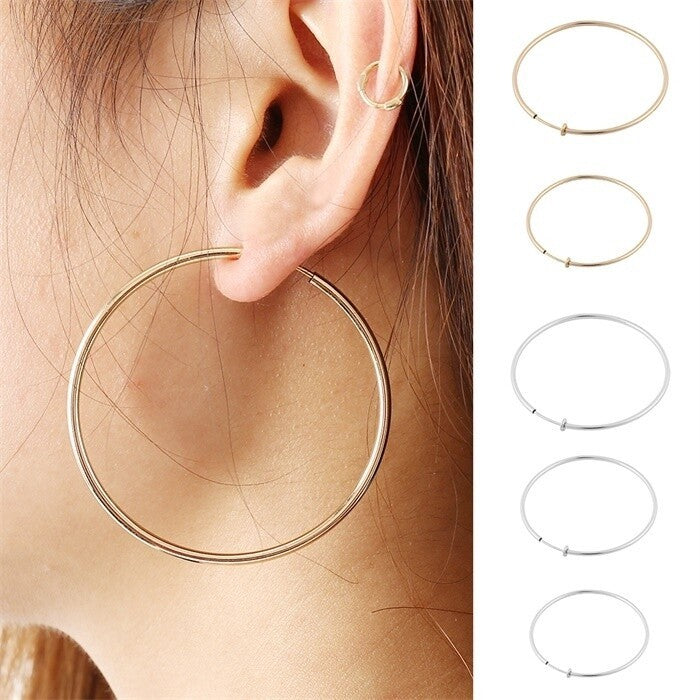 1 Pair 40/50/60mm Clip-On Earrings Small/Medium/Large Non-Pierced Hoop Style