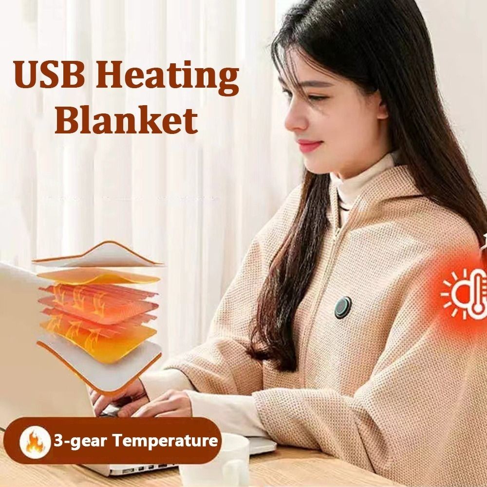 USB Heated Shawl Blanket Wearable Electric Heating Blanket with Zipper Closure