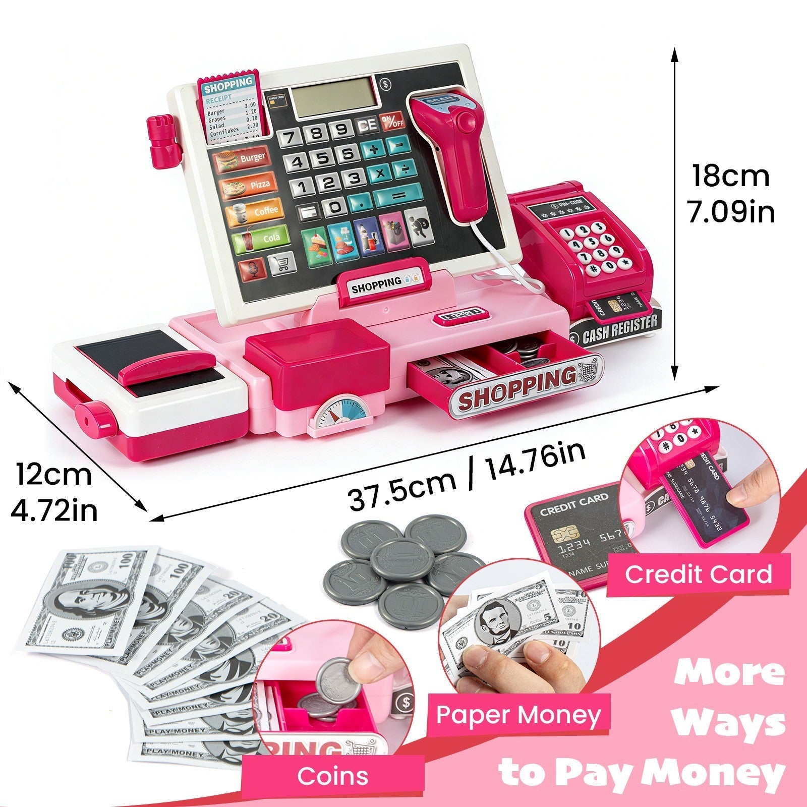 Kids Cash Register Toy Playset with Real Calculator, Pretend Play Store Toy