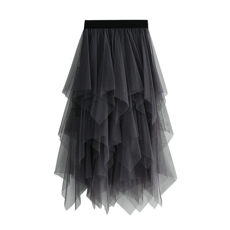 *Women's* Vintage Solid Color Layered Irregular Mesh Skirt Tulle Bubble Skirt.