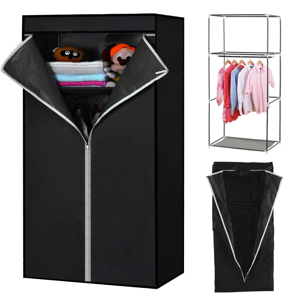 Single Fabric Canvas Wardrobe with Hanging Rail Shelving Clothe Storages Closets