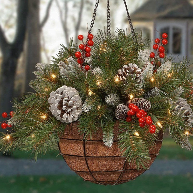 Artificial Christmas Hanging Basket, w/Led Light& Frosted Pine Cones Berry Decor