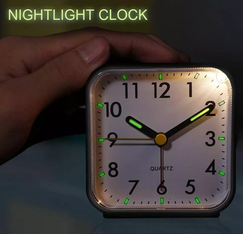 Bedside Mini Alarm Clock Analogue with Night Light – BlackWhite