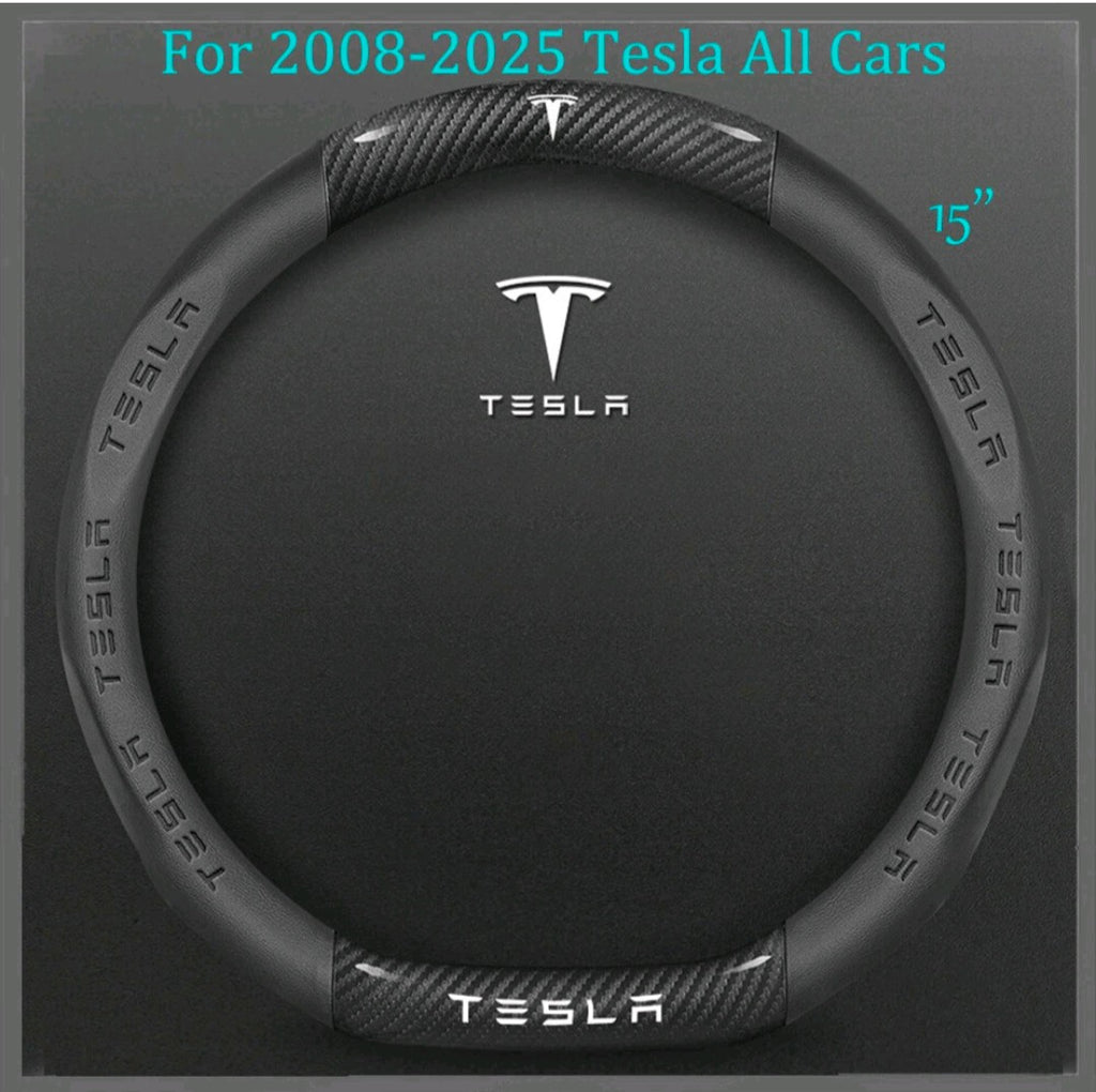 15" Steering Wheel Cover PU Leather+Carbon Fiber For 2008-2025 Tesla All Models