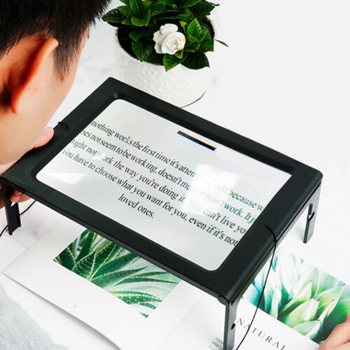 A4 Size Reading Magnifying Glass With LED Light And Stand PVC Desktop Magnifier
