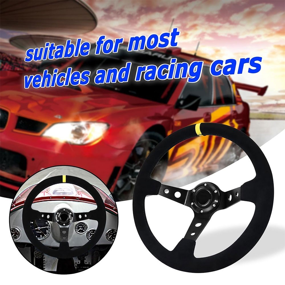 6 Bolt Steering Wheel 350mm Black Suede Fits for Race Rally Road Deep Dished UK