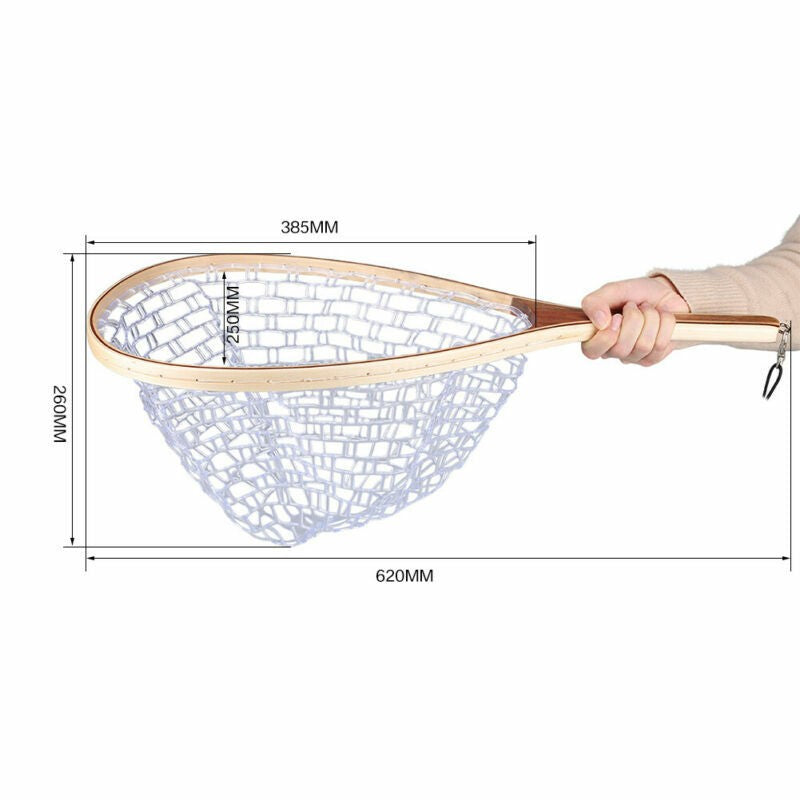 Wooden Handmade, Coarse fishing Rubber Fly Fishing trout/salmon Landing Net
