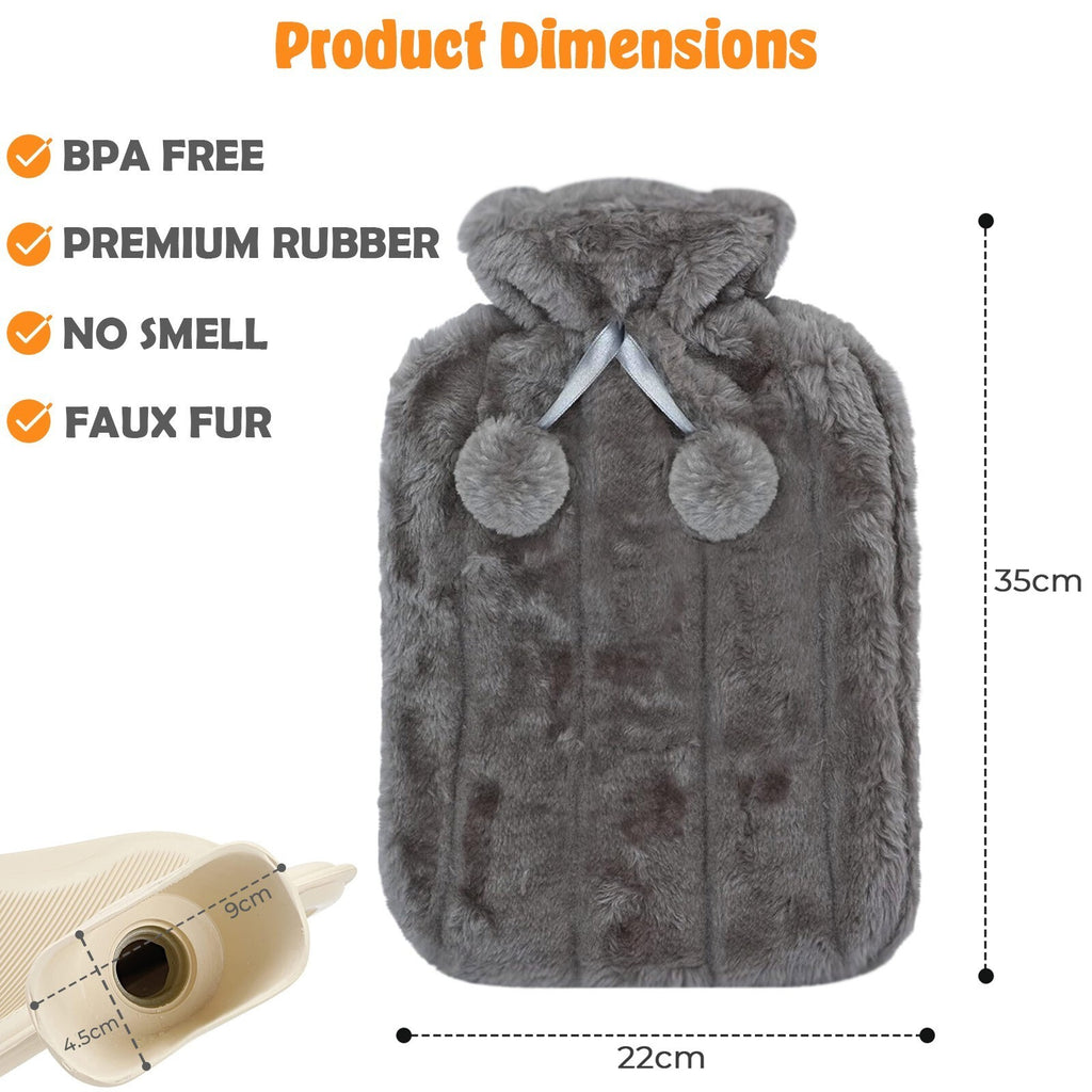 Large 2L Natural Rubber Hot Water Bottle With Warm Faux Fur Fleece Knitted Cover
