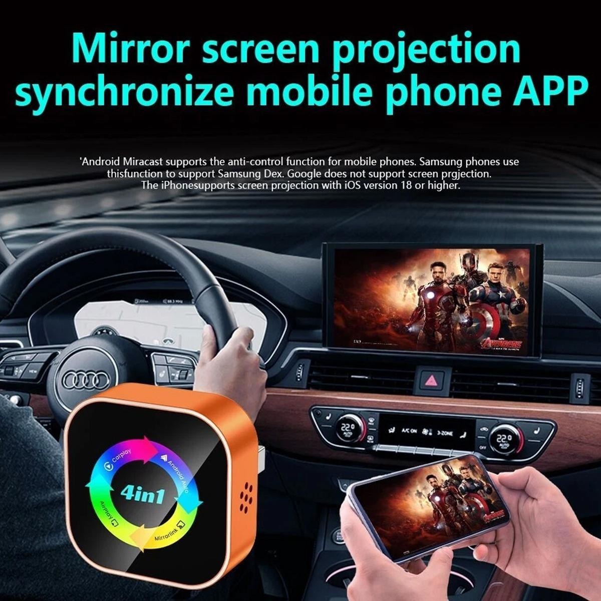 4-in-1 Wireless CarPlay Android Auto MirrorLink Adapter BT WiFi USB Plug & Play
