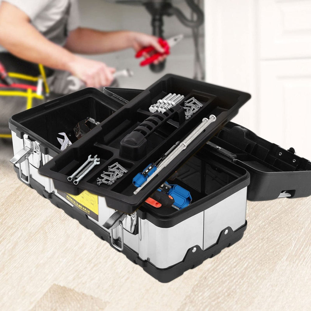 Stainless Steel Chest Storage Case + Removable Tray Heavy Duty Tool Box