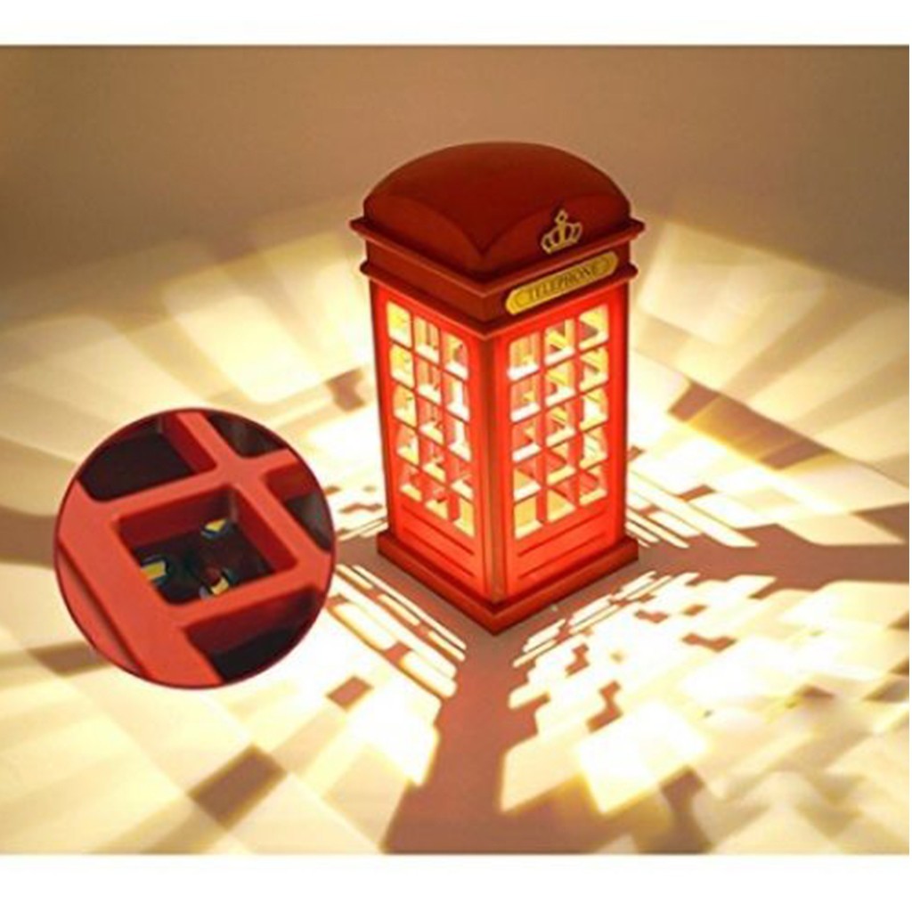Red London Telephone Booth Night Light Bedside LED Table Lamp USB /Battery