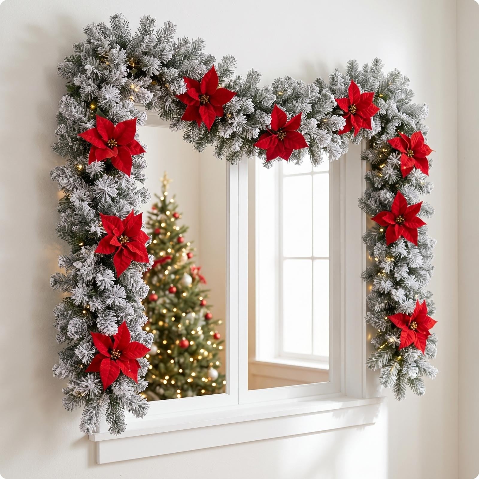 Fir Garland with Poinsettias Winter Decorations Flexible for Mantel