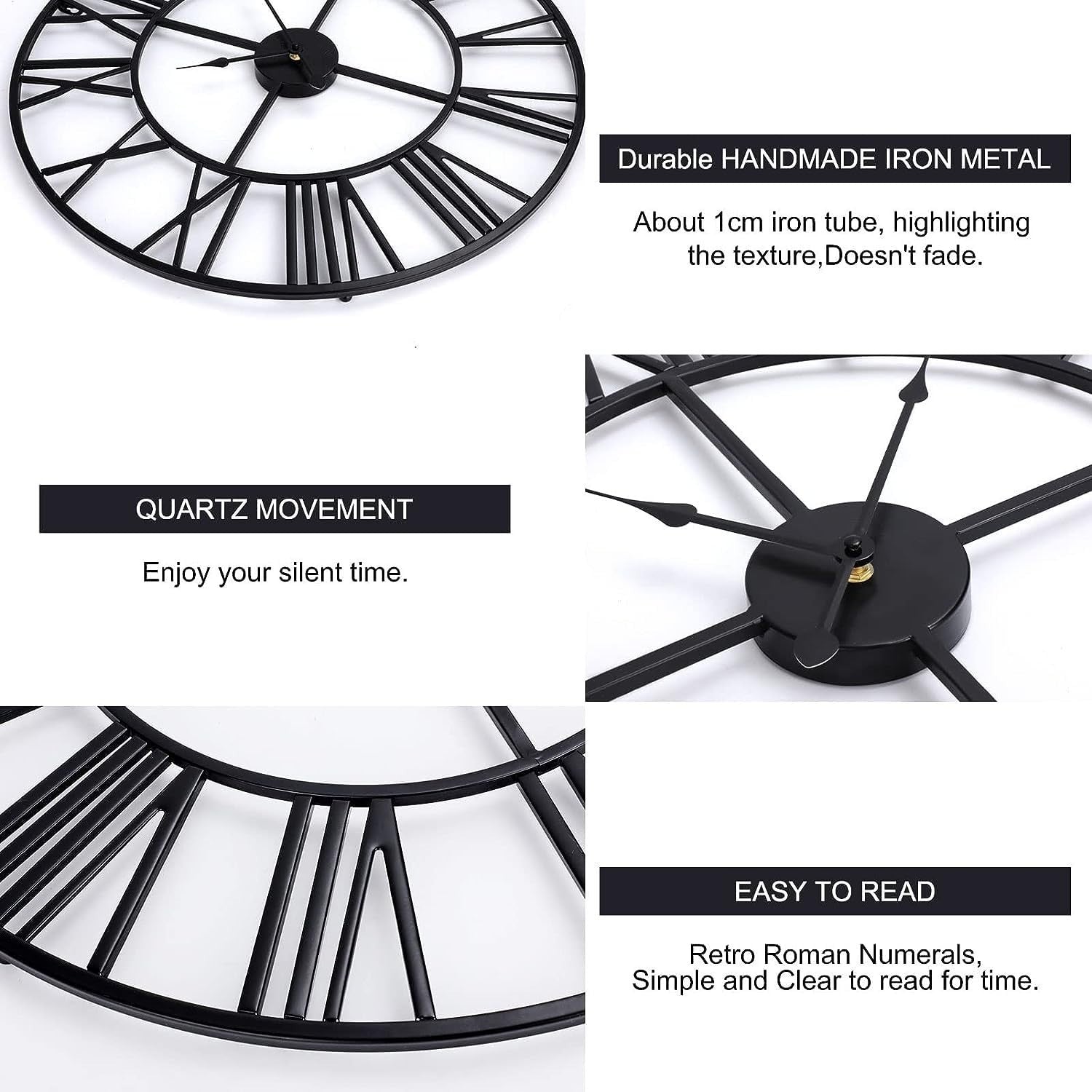 Large Outdoor Garden Wall Clock 40cm Big Open Face Metal Roman Numerals Giant