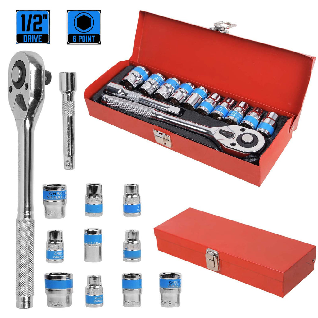 12Pc 1/2'' Socket Set 10-24mm Metric Drive Extension Ratchet Wrench Steel Case