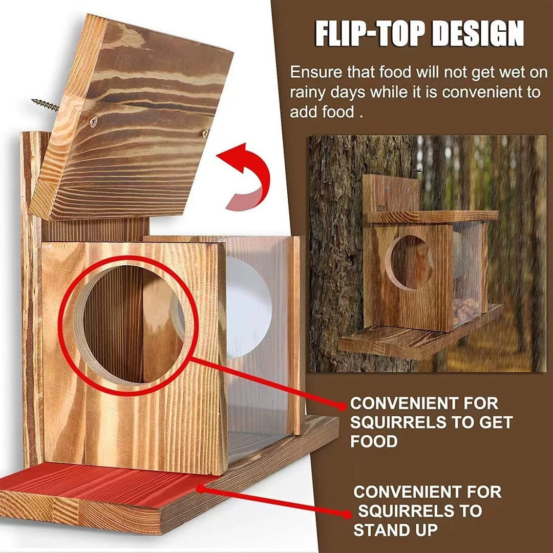 Carbonized Wood Squirrel Feeder Durable Squirrel House Box for Backyard Garden~