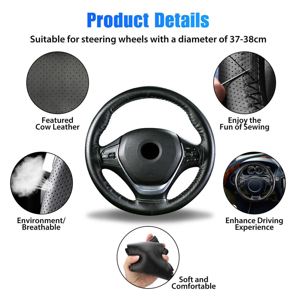 New Leather DIY Car Steering Wheel Cover Anti-slip For 15"/38 cm Dia Black