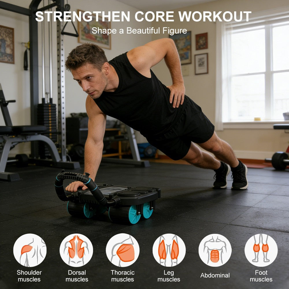 Abdominal Wheel Roller with Elbow Support Automatic Rebound 4 Wheels Workout Gym