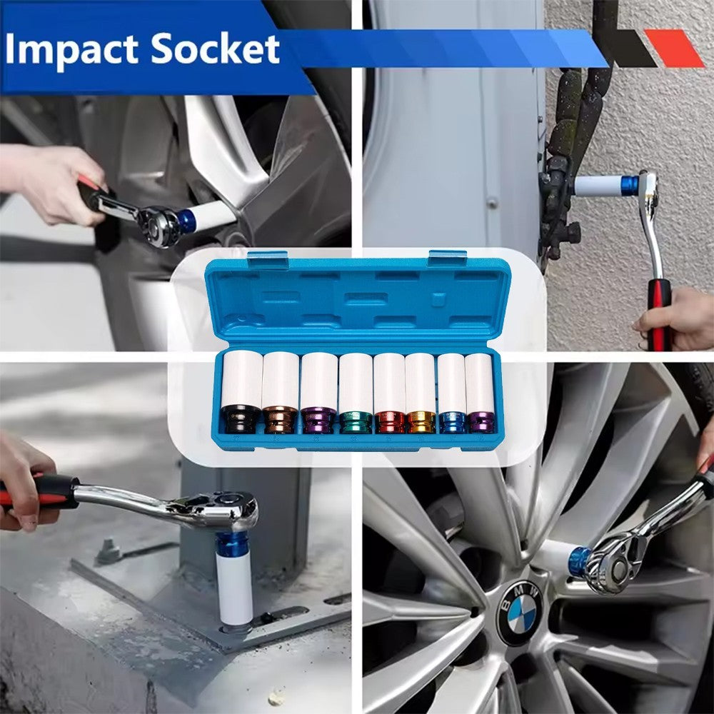 8Pcs 1/2" Drive Alloy Wheel Nut Thin Wall Deep Impact Socket Set 15 mm-27 mm