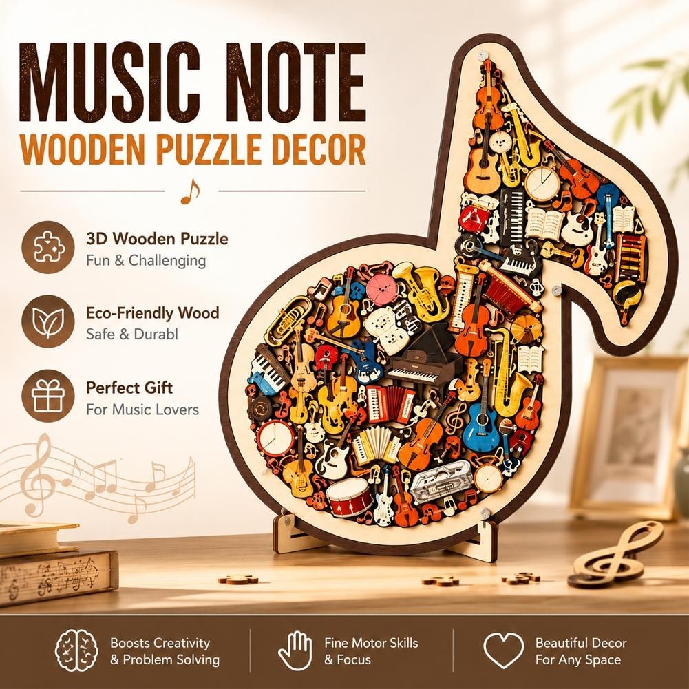 Musical Note Instrument Jigsaw Puzzle Ornament, 3D Wooden Music Note Puzzles Hot