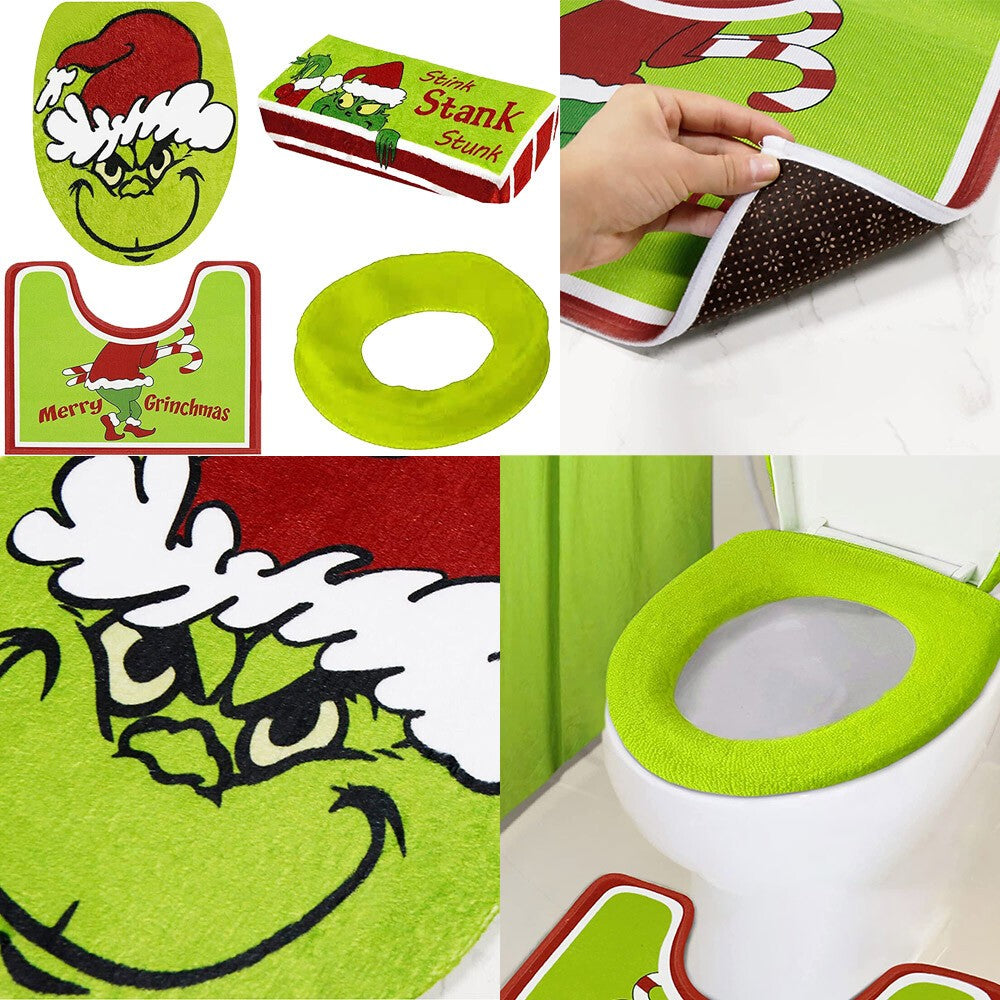 4PCS/Set Christmas Grinchs Decor Bathroom Toilet Pad Seat Cover-Rug for Bathroom