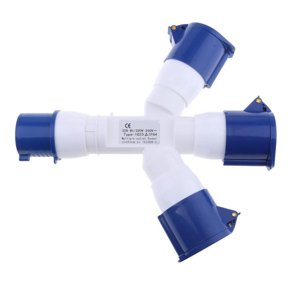 3 Way Splitter 220V 32A 3Pin Blue Industrial Plug Sockets Adaptor IP44 2P+E