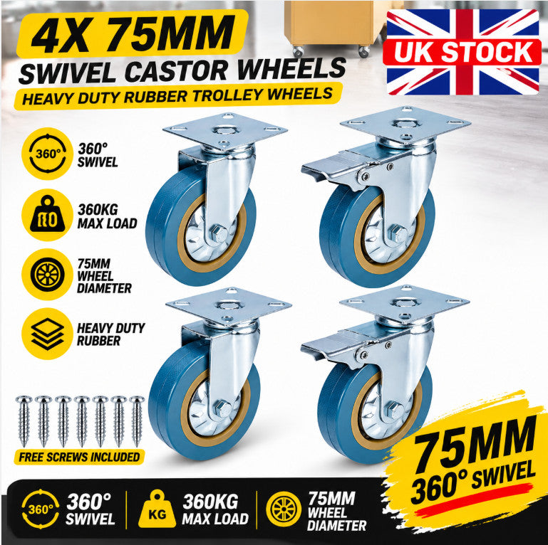 4Pcs 75mm Heavy Duty Rubber Castor Wheels Full 360° Swivel Trolley Casters